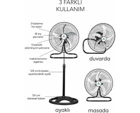 Resim Waldern 3in1 Sanayi Tipi Ayaklı-Masaüstü Vantilatör 80 W 