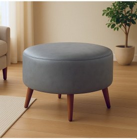 Resim Azra Mobilya Gri Yuvarlak Deri Puf 60 Cm Çap, 46 Cm Yükseklik, Modern Ceviz Ayaklı Gri 