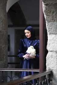 Resim BAHARYAMAÇLI Kadın Lacivert Saten Mia Tesettür Abiye 