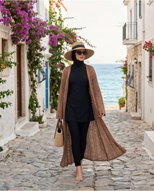 Resim Trend Kapında Yazlık Ajurlu Uzun Önü Açık Triko Kimono Kaftan, Plaj Giyim 
