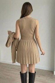 Resim Kadın Hırka Kombinli Pileli Triko Elbise Bej TZLP-00020208 