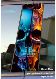 Resim Ateşli İskelet Sticker Yan Kapı Direk Kaplama 2li Sol Sağ Takım Yapıştırma 