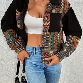 Resim Şık Omuz Açık Renkli Baskılı Kadife Ceket - Günlük Polyester, Yaka ve Düğmeli, Makinede Yıkanabilir - İlkbahar/Sonbahar Modası İçin İdeal 