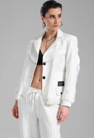 Resim tw3 Kadın Saten Kumaş ve Çizgili Kumaş Detaylı Tasarım Blazer Ceket 