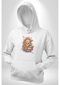 Resim Renkli Kurukafa Hippi Kadın Erkek Beyaz Kapüşonlu Sweatshirt Hoodie Beyaz 