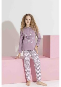 Resim Tarık 10-15 Yaş Kız Çocuk Kalpli Kanaviçe Baskılı İnterlok Pijama Takımı 3192320 - Mor Mor 
