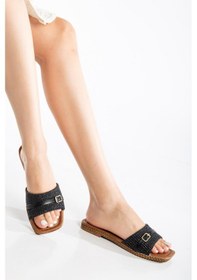 Resim Dilimler Ayakkabı Kadın Düz Topuk Terlik Siyah Hasır Kalın Tek Bant-3898 Siyah 