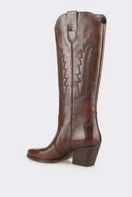 Resim Elle Kahve Deri Kadın Western Çizme 