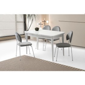 Resim Ortadan Açılır Büyüyen 60x100cm Beyaz Ahşap Salon Yemek Masa Suna Gri Sandalye Takımı 4 Sandalyeli Beyaz 