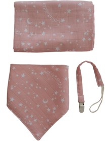 Resim runbaby %100 Pamuk Bebek Pembe Yıldız Müslin Seti 75x75cm Örtü Fular Emzik Askısı 