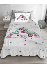 Resim Sevimli Unicorn Tek Kişilik Pike (Yastık Kılıflı) 