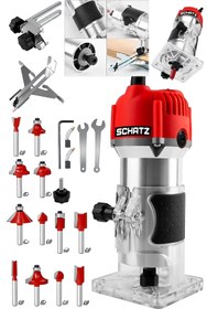 Resim Schatz Profesyonel 600W 6 Kademe Devir Ayarlı Formika Traşlama Freze Makinesi 6 mm Pens + 12 Adet Uç Kırmzı 