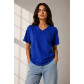 Resim Marsilyan V Yaka Basic Tişört Kısa Kol Yazlık Regular Fit T-Shirt - Saks Mavisi 