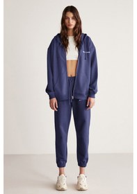 Resim Grimelange Ametıs Kadın Oversize Organik Pamuklu Metal Fermuarlı Kapüşonlu Lacivert Sweatshirt 