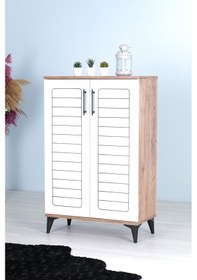 Resim Luna 2 Kapaklı 4 Bölmeli Modern Ayakkabılık - Beyaz / Çam Desenli 