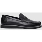 Resim Hakiki Deri Siyah Logo Detaylı Erkek Günlük Ayakkabı-Siyah 