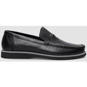 Resim Hakiki Deri Siyah Logo Detaylı Erkek Günlük Ayakkabı-Siyah 