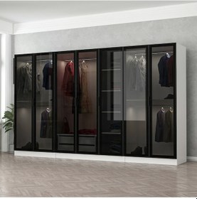 Resim Minar Kale 7 Cam Kapaklı 2 Çekmeceli Dolap - Beyaz/siyah 210cm 