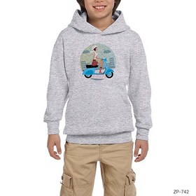 Resim Scooter Girl Vespa Gri Çocuk Kapşonlu Sweatshirt - 9-10 Yaş / Gri 