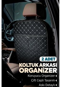 Resim Tay Tüyü Kapitone Oto Koltuk Arkası Koruyucu Organizer - Araç İçi Organizeri Siyah-beyaz 2 Adet 