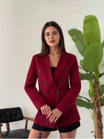 Resim dükkan10butika Kadın Astarlı Düğme Kol Detay Atlas Kumaş Blazer Ceket Bordo 