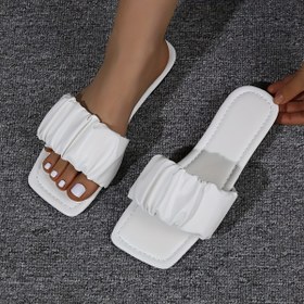 Resim Şık Fransız Esintili Kadın Düz Kaydırak Sandaletler - Zarif Piliseli Tasarım, Sahte Kapaklı Açık Burun Yazlık Ayakkabılar, Pürüzsüz Plastik Tabanlı Rahat Plaj Kaydırakları, Elde Yıkanabilir, Tüm Mevsimler İçin Çok Yönlü 