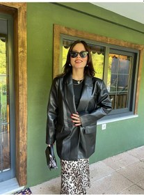 Resim Kadın Kruvaze Yaka Çift Düğmeli Deri Ceket Siyah Siyah 