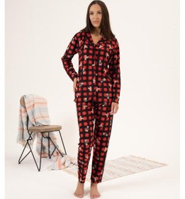 Resim Estiva Kareli Desen Önden Düğmeli Süet Bayan Pijama Takım 001 