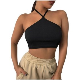Resim Liona Kadın Boyundan Bağlamalı Siyah Renk Crop Top Bluz 001 