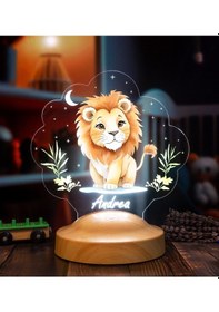 Resim Sevimli Aslan Tasarımlı İsimli Çocuk Odası Gece Lambası, Aslan Bebek Doğum Günü Hediyesi Led Lamba 