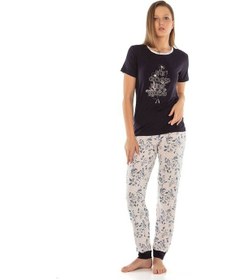 Resim Vishenka Kadın Alt Likrasız Üst Likralı Viskon Baskılı Pijama Takımı Lacivert 