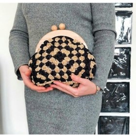 Resim Kemzey Handmade Ahşap Burslu Süet Siyah Çanta , Siyah Camel Clutch, El Yapımı Çanta Siyah Süet 