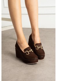 Resim Zenne Shoes Dolgu Topuklu Tokalı Kadın Ayakkabı Kahverengi 