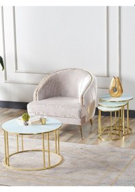 Resim 3 'lü Zigon Ve Orta Beyaz Cam Gold Ayak Sehpa Takımı 