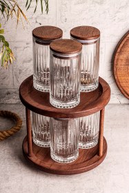 Resim Tomira - 7 Parça Ahşap Döner Standlı Vakumlu Kapaklı Cam Saklama Kabı Baharatlık Seti 450 Ml Ahşap 