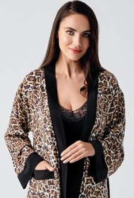 Resim Askılı Dantelli Leopar Desenli Esnek Sabahlık Gecelik Takım 24107 - Leopar / XL 