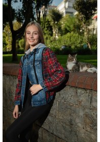 Resim Kadın Fermuar Detaylı Kapüşonlu Jean Ceket mavi 