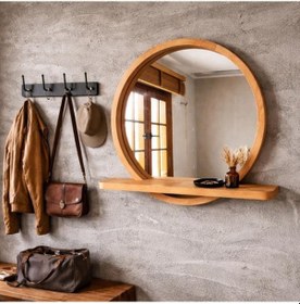 Resim 50x50 Cm Raflı Masif Kayın Ağacı Yuvarlak Ayna İskandinav Tarzı Antre Ve Banyo Aynası Kayın Ahşap 