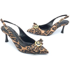 Resim Feles Fiyonk Sarı Toka Detaylı Arkası Açık Stiletto Kadın Topuklu Ayakkabı Leopar 