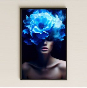 Resim Sisli Mavi Çiçekli Kadın Portresi Temalı Sanatsal Pleksi Tablo 