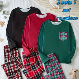 Resim 3 Set 1 Set Rastgele Paketlenmiş, 2025 Yeni Stil Yenilenmiş Versiyonu olan 'Pijama Rastgele 2 Parça Seti Noel için Kırmızı, Siyah ve Yeşil Renklerde Uzun Kollu, Uzun Pantolonlu, Rahat Konforlu ve Yumuşak Kumaşlı Ev Giyimi için, Gençler İçin 