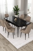 Resim Canisa Eta Serisi 80x132 Mdf Açılabilir Siyah Mermer Desenli Masa 6 Cappucino Sandalye Mutfak Masası Takımı 