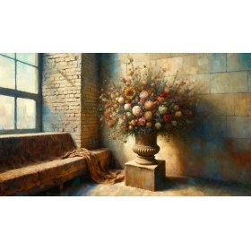 Resim Venspor Rustik Tarzda Geniş Pencere Önünde Büyük Vazo Çiçek Aranjmanı Arkaplan 200 x 150 cm Fon Duvar Örtüsü 