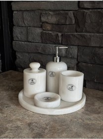 Resim Beyaz Mermer Gümüş Pompalı, Pamukluk Kendinden Tutmalı 5'li Set Beyaz 