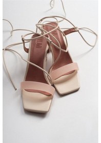 Resim Luvi Shoes Tanya Ten Cilt Şeffaf Bantlı Bağcıklı Kadın Topuklu Sandalet Ten 