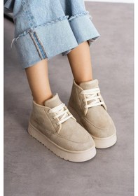 Resim Günlük Kadın Bot Kalın Yüksek Taban Bağcıklı Kürklü Astarlı Oval Burunlu Rahat Bootie U15 Bej 