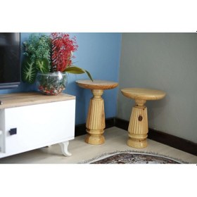 Resim 2'li Oval Çizgili Vernikli Yan Sehpa Kahverengi 