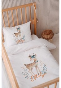 Resim %100 Pamuk Saten Isme Özel Isimli 100x150 Bebek Yatak Nevresim Seti Mavi Çiçekli Ceylan 