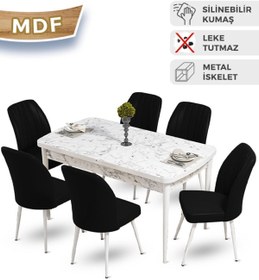 Resim Canisa Mun Serisi, 80x132 Açılabilir Mdf Masa Takımı, Beyaz Mermer Desen Masa , 6 Siyah Sandalye 