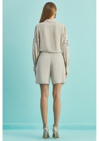 Resim Geniş Paça Bej Keten Şort Bej 